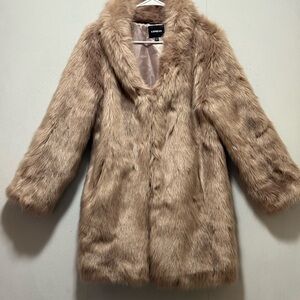 Express Faux Fur Pea Coat in Light Brown